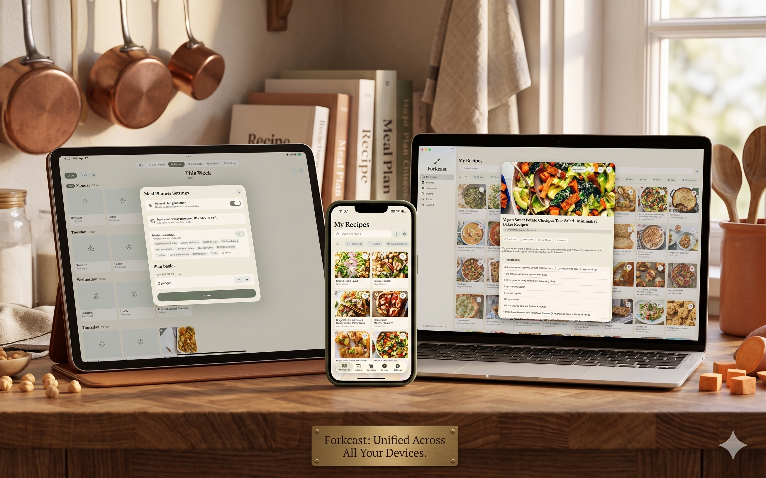 Forkcast running on iPhone, iPad, and Mac — unified across all your devices